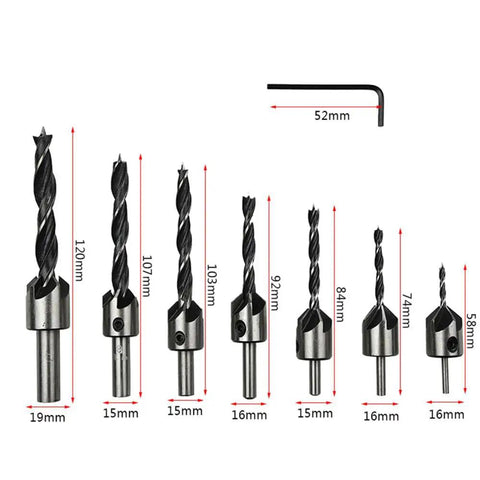Heavy Duty 7 Piece Countersink Drill Bit Set For Woodworking Countersunk Head Milling Cutters 3 Through 10mm Precision Furniture Bits, various sizes displayed