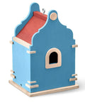 Blue wooden decorative birdhouse with red roof, featuring a small entry hole, suitable for outdoor garden decor.