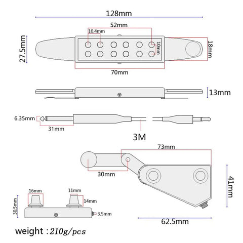 Dimensions of 12 Hole Magnetic Sound Hole Acoustic Guitar Pickup With Volume And Tone Control And Tuner Kit Easy Install