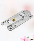 Stainless Steel Automatic Spring Door Latch, Low Profile Safety Lock viewed at an angle, showcasing the bolt and screw features.