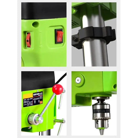 Detailed view of Piefeak Electric Bench Drill Press Stand with 480W Motor, showing controls and drill chuck for mini drilling machine.