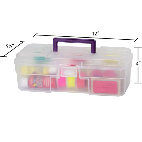 12-Inch ProBox Plastic Storage Toolbox For Art Supplies And Crafts with clear compartments, latch, and purple handle, dimensions shown