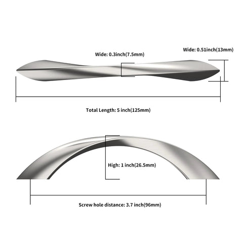 10 Pack 3.75 Inch Brushed Satin Nickel Cabinet Pulls Arch Twisted Design Zinc Alloy Kitchen Cabinet Handles with measurements diagram