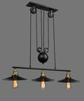 Drop Dead Modern Industrial Chandelier 3 Light Retractable Pulley Pendant for Farmhouse Kitchen Island with adjustable height.