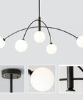 Matt Black Sputnik Chandelier Five Light Pendant, Mid Century Modern Industrial Vibe with white frosted shade details