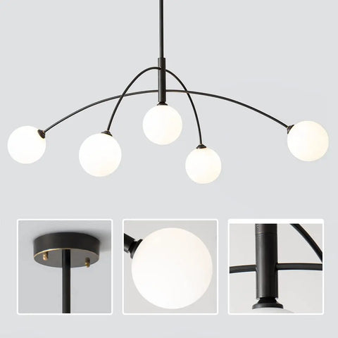 Matt Black Sputnik Chandelier Five Light Pendant, Mid Century Modern Industrial Vibe with white frosted shade details