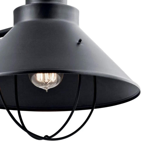 Close-up of Seaside 16.5 Inch One Light Outdoor Wall Light In Brushed Nickel Wet Rated Exterior Fixture with exposed bulb.