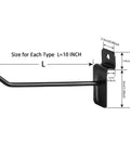 Diagram showing dimensions of a 10-inch long black slatwall hook from a 100 Pack Black Slatwall Hooks 10 Inch Long Heavy Duty Iron Slatwall Panel Hangers For Garage Shop Retail Displays Pro Grade Rustproof Slatboard Display Hooks.