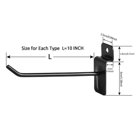 Diagram showing dimensions of a 10-inch long black slatwall hook from a 100 Pack Black Slatwall Hooks 10 Inch Long Heavy Duty Iron Slatwall Panel Hangers For Garage Shop Retail Displays Pro Grade Rustproof Slatboard Display Hooks.
