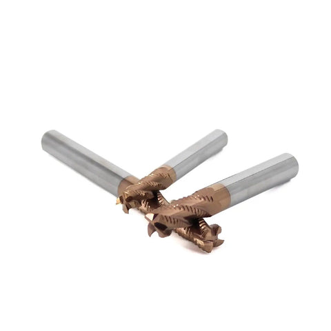 Heavy Duty Carbide Roughing End Mill Four Flute Tungsten Steel Router Bit for CNC Woodworking, showing sharp cutting edges and flutes.