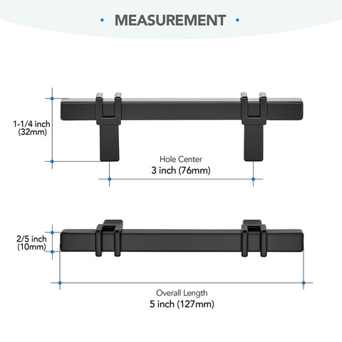Measurements for Matte Black Cabinet Handles Set of 10 - 3 Inch Center Hole Zinc Alloy Square Bar Drawer Pulls for Kitchen Cabinets, 5 Inch Total Length