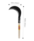 Manganese Steel Long Handle Weeding Sickle for Grass Vines and Branches, 50 cm wooden handle, blade dimensions shown.