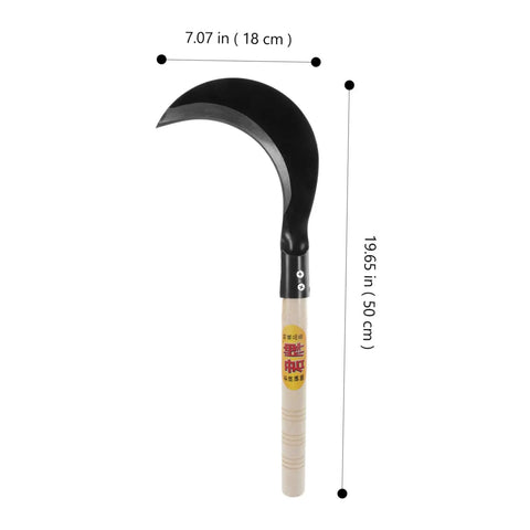 Manganese Steel Long Handle Weeding Sickle for Grass Vines and Branches, 50 cm wooden handle, blade dimensions shown.