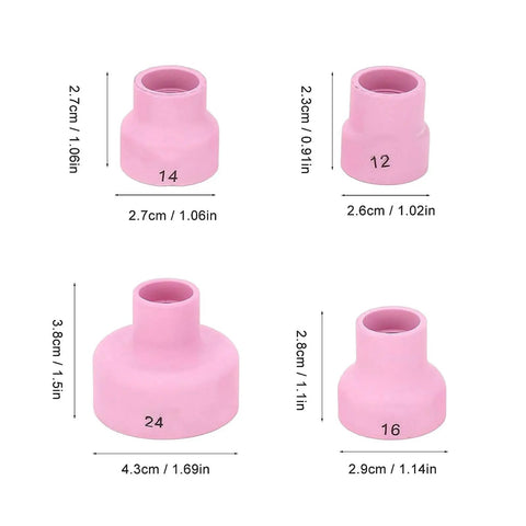 Premium Ceramic Welding Cup Set Alumina Lens Kit For WP9 20 25 17 18 26 TIG Torch, four pink alumina cups, varying sizes.