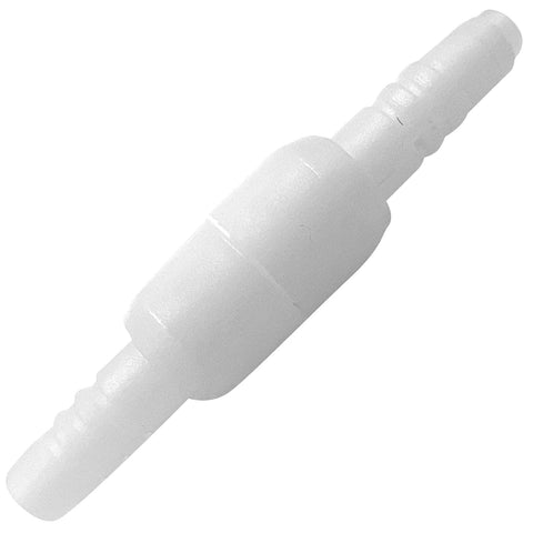 White plastic oxygen tubing connector with barbed ends for inline use