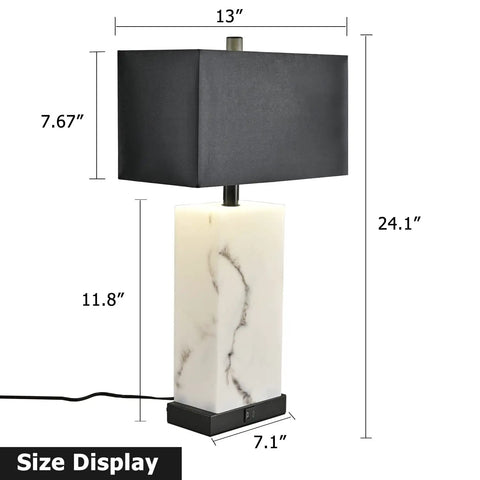 Size display of Dope Black 24 Inch Touch Table Lamps Set Of 2 With USB Ports, 3 way dimmable faux silk shade and marble pole.