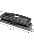 Adjustable 6-Hole Punch With Lock-Down Handle, 4 Position Settings, 9 Sheet Capacity, All-Metal Body, Black, with dimensions