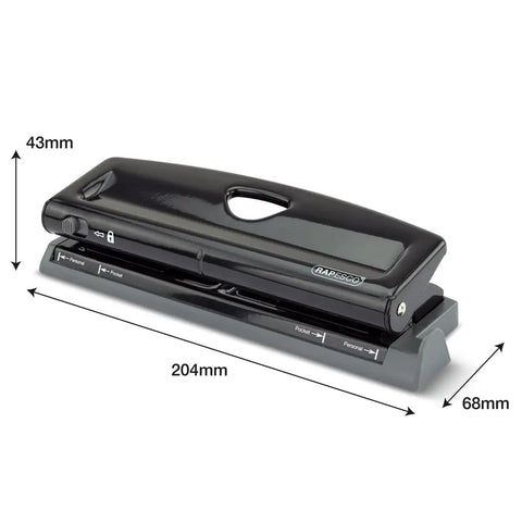 Adjustable 6-Hole Punch With Lock-Down Handle, 4 Position Settings, 9 Sheet Capacity, All-Metal Body, Black, with dimensions