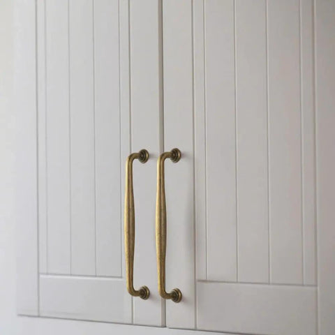 Antique Brass Cabinet Pulls Set Of 6 For Kitchen And Dressers Dope Vintage Zinc Alloy Drawer Handles on white cupboard