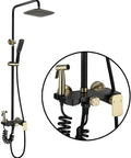 Heavy Duty Wall Mount Shower System With Slick Black Finish Adjustable Rain Head Four Way Mixer Valve Easy Grip Handheld Sprayer And Top Shelf Stainless Steel Bathroom Combo Kit upgrade part view showing mixer valve and controls.