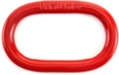 Red oblong steel master link for lifting and rigging (front view)