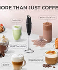 Automatic Milk Frother Wand For Lattes And Cappuccinos, Battery Operated Handheld Foam Maker surrounded by various drinks.