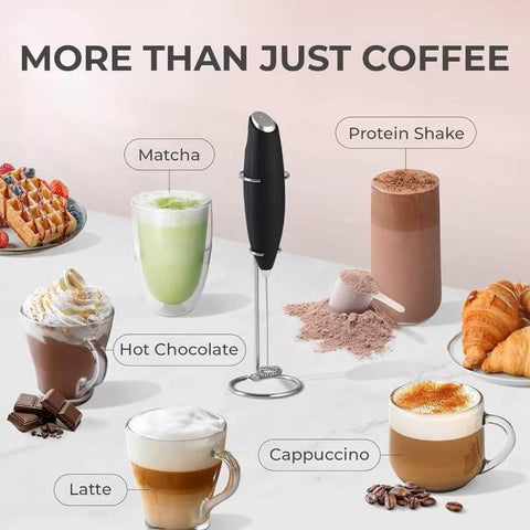 Automatic Milk Frother Wand For Lattes And Cappuccinos, Battery Operated Handheld Foam Maker surrounded by various drinks.