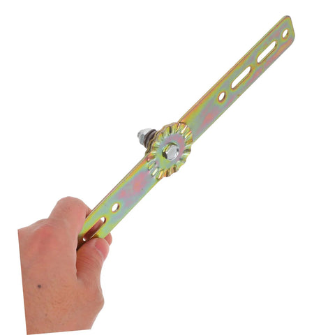 Cabilock adjustable angle hinge strip by Amazon; zinc-plated steel with mounting holes and gear wheel, side view