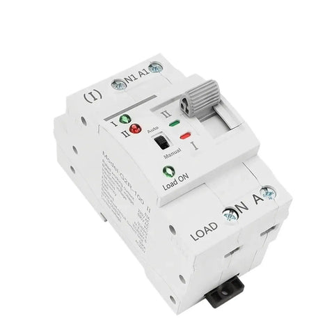 Din Rail Manual Transfer Switch For City Power To Generator, 2P 63A 110V 220V, PC Coil Type, Quick Under 50ms Power Transfer, CE Certified With Silver Contacts And Red Copper Parts, Versatile 2P And 4P Rated 25A To 63A Electrical Switch. white DIN rail switch with manual-auto lever and status lights