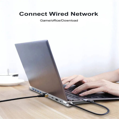 Badass 11 In 1 Usb Type C Hub Docking Adapter Featuring No Sweat 4K Hdmi Port Rj45 Ethernet in use with laptop.