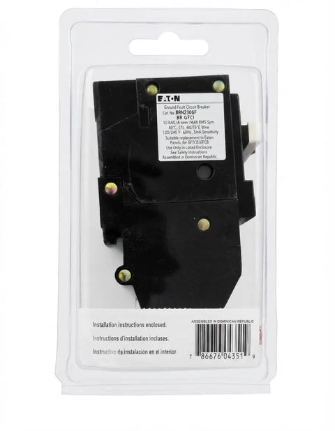 Top Shelf 30 Amp 2 Pole GFCI Circuit Breaker with Pigtail Neutral for 120 240 Volt Circuits in packaging, showing installation instructions.