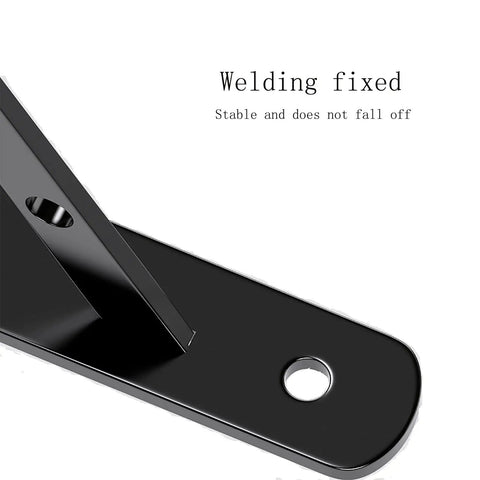 Close-up of Badass Heavy Duty Shelf Brackets Wall Mount 90 Degree Corner Bracket showing black metal finish and welding detail.