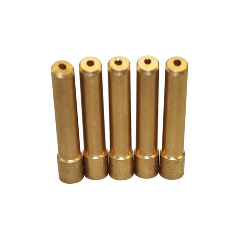 10 Piece Premium Tig Welding Electrode Collets With Wedge Design For 1.6 2.4 3.2Mm And 1.0Mm Sizes showing five gold collets side by side.