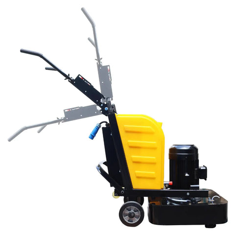 Side view of Electric Concrete Floor Grinder for Wet and Dry Grinding, Beast Mode Polisher in yellow with adjustable handles.