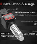 Pro Grade Digital 4-20mA Pressure Transmitter With LCD Display, 0-435 PSI Range, IP54, NPT 1/4 In, 1 Meter Cable, Ceramic Core