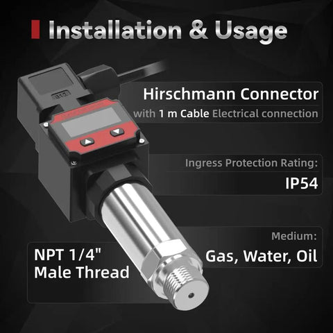 Pro Grade Digital 4-20mA Pressure Transmitter With LCD Display, 0-435 PSI Range, IP54, NPT 1/4 In, 1 Meter Cable, Ceramic Core
