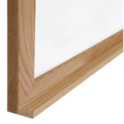 Close-up of a 24 by 36 inch wood frame non magnetic whiteboard in natural oak and white finish with durable eco friendly surface.