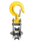 1 Ton Heavy Duty Pulley Hook Block Hoist With Hook For Five Eighth Inch Wire Rope Snatch Block Beefy Dual Bearing Roller System 66mm Wheel Diameter Handles Up To 16mm Rope Supports 2204 Lb Lifting, yellow steel hook block