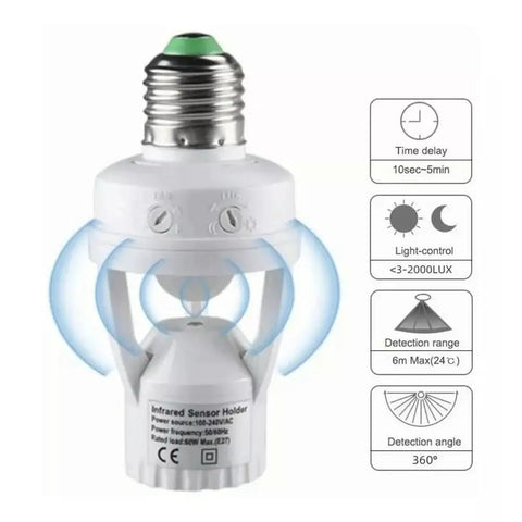 Hands Free Motion Sensor Light Socket E27 With PIR Bulb Holder Adapter 100 To 240 Volt Auto On Off for hallway use