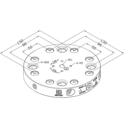 Zero Point Plate Quick Clamp System 180mm Diameter For Heavy Duty CNC And Mold Making, 96x96 Hole Grid D96-C, Accurate Repeatability 0.005mm And 0.01mm At 45 And 90 Degree Rotations, Perfect For Big Machining Jobs. 180mm round D96-C plate drawing