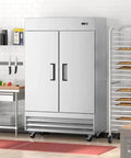 Heavy Duty 47 Cubic Foot Commercial Upright Freezer Double Door Stainless Steel Reach In Unit For Restaurants Bars And Shops in kitchen