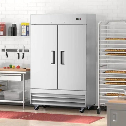 Heavy Duty 47 Cubic Foot Commercial Upright Freezer Double Door Stainless Steel Reach In Unit For Restaurants Bars And Shops in kitchen