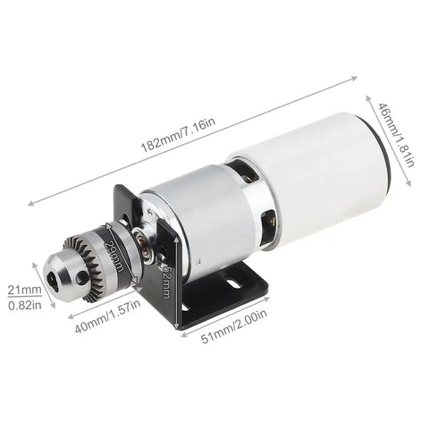 Rock Solid 775 Dc Motor Table Drill With B10 Chuck And Adjustable Speed Controller, compact motor with chuck and dimensions.