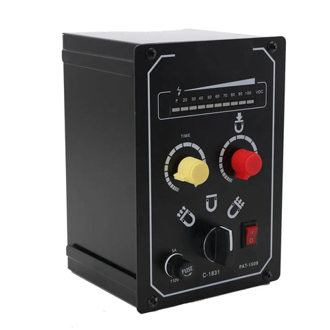 Heavy Duty External Controller For Lathe Electromagnetic Chucks With 0 To 100V DC Adjustable Magnetic Pull and Bright LED Readout, front view with knobs.