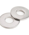 Two stainless steel flat washers, #10, 0.5 in OD, 304/18-8