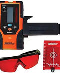 Red Beam Universal Laser Detector Kit for outdoor use, includes dual display unit, red target card, and safety glasses.