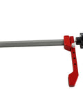 Side view of Aluminum 19mm Hold Down Clamp For Woodworking, Adjustable Bench Dog Clamp With 3 Level Pressure Cam, red and silver