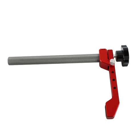 Side view of Aluminum 19mm Hold Down Clamp For Woodworking, Adjustable Bench Dog Clamp With 3 Level Pressure Cam, red and silver