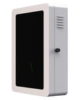Heavy Duty Hella Weatherproof Lockable EV Charger Pedestal Enclosure Box With Secure Padlock Storage For Tesla Gen 3 Universal Compatible Outdoor Rain Guard Shield In White, side view.