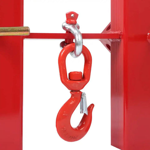 Forklift Lifting Hook With Red Powder Coat, Heavy Duty Swivel Crane Hook For Dual Pallet Forks, 6600 Lb Capacity attached to forklift